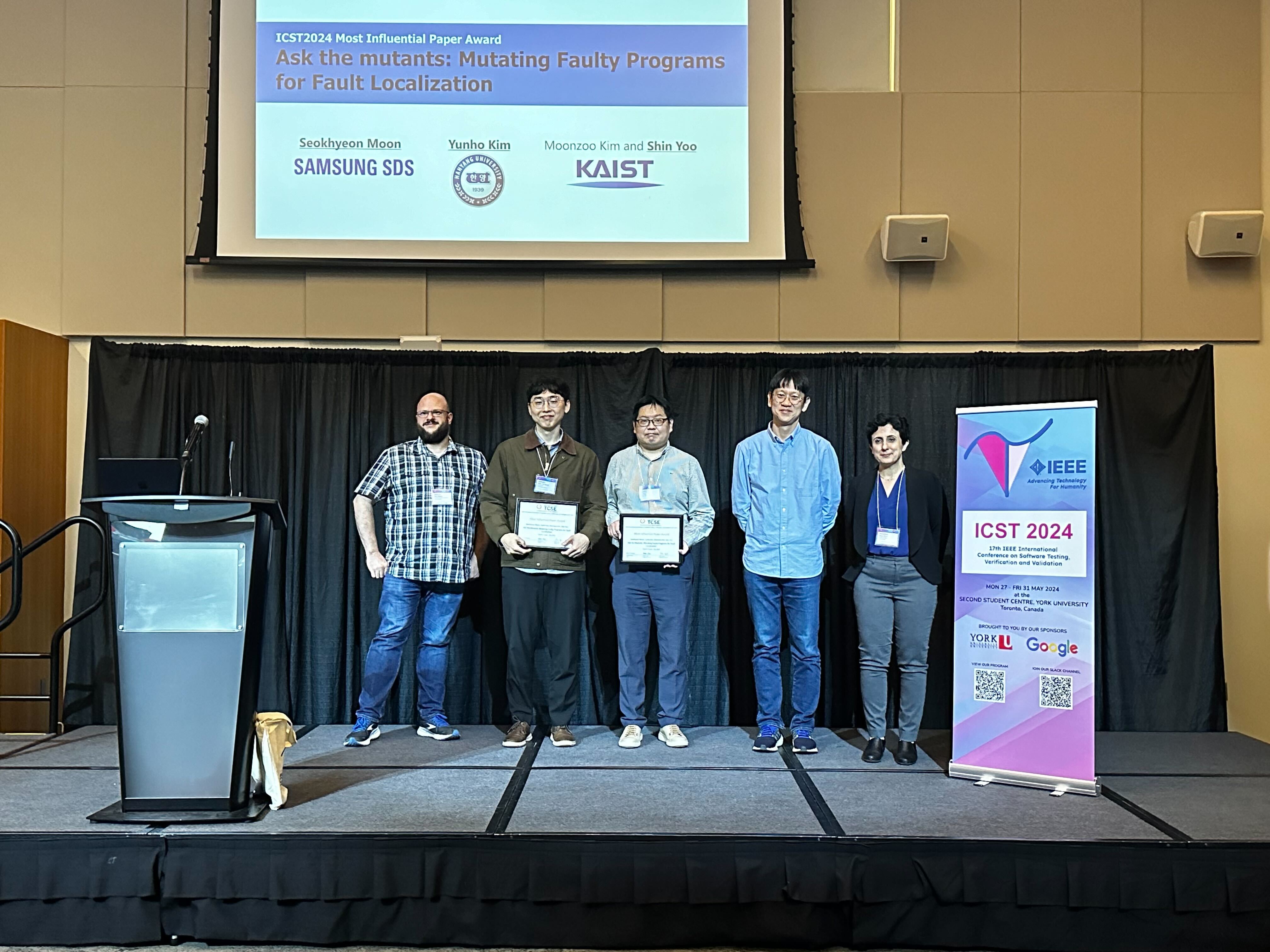 Seokhyeon Moon, Yunho Kim, Shin Yoo, along with ICST 2024 Program Chairs, Greg Gaye and Shiva Nejati